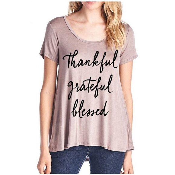 Womens Mocha Thankful Grateful Blessed Flowy Rayon Stretch A Line Loose T-Shirt - Picture 1 of 2